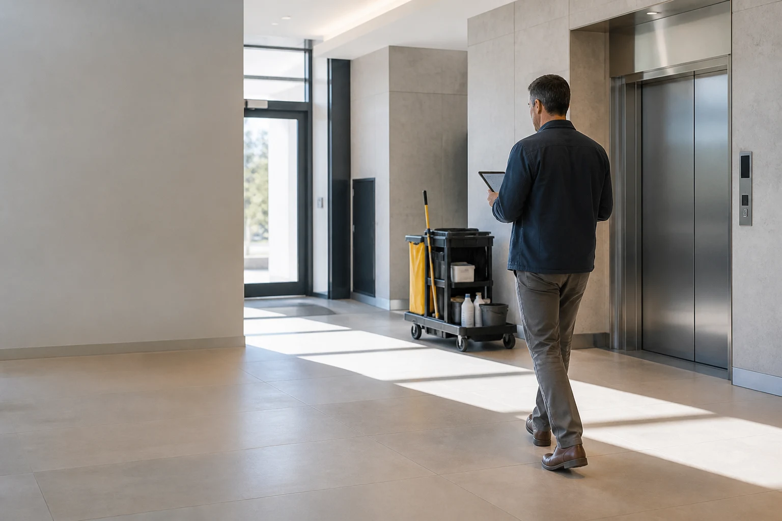 A property operations lead reviewing a tablet in a commercial building
