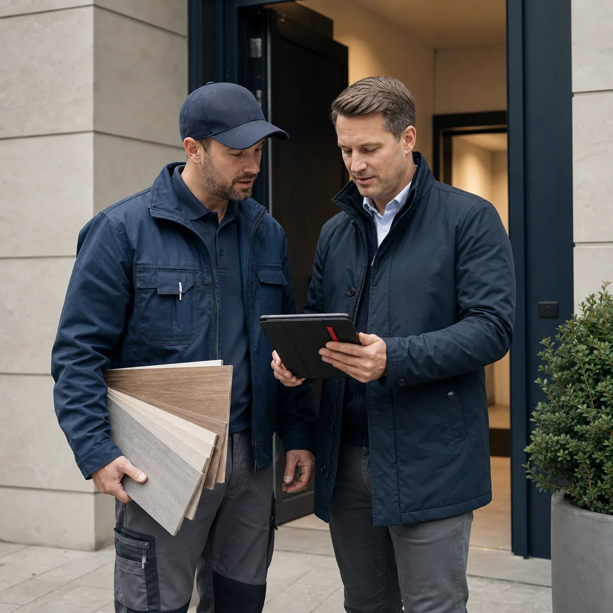 A flooring contractor and property manager review documentation outside a commercial building.